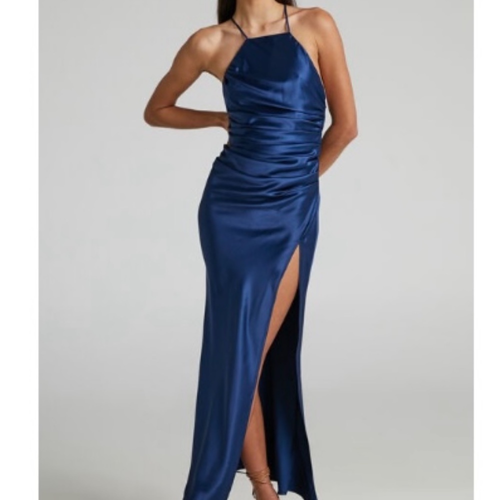 SHOWPO MALORNAN MIDI DRESS - HIGH NECK RUCHED DRESS IN NAVY